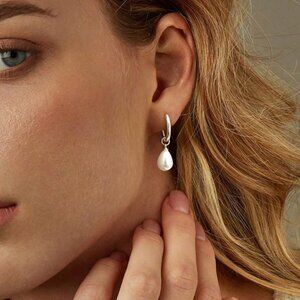 3/$35 Silver Tone Huggie Hoop Earrings with Teardrop Pearl Drop Dangle Charm